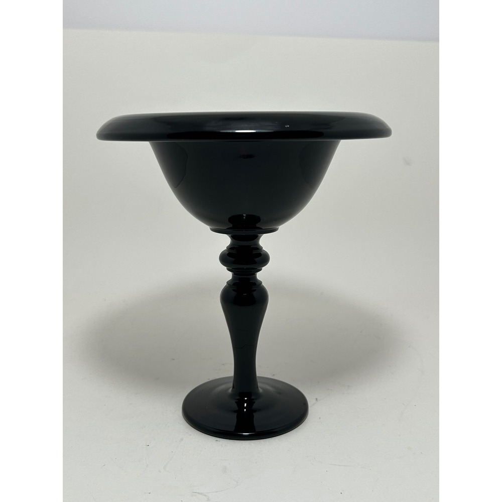 Vintage Black Amethyst Glass Pedestal Compote Bowl Rolled Rim Baluster Stem